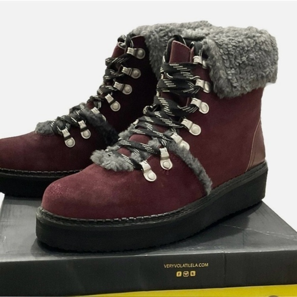 Very Volatile Boots Womens Ankle Bootie Burgundy Leather Faux Fur Lace Up 6.5